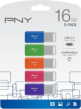 PNY USB 2.0 Flash Drives, 16GB, Assorted Colors, Pack of 5 Flash Drives