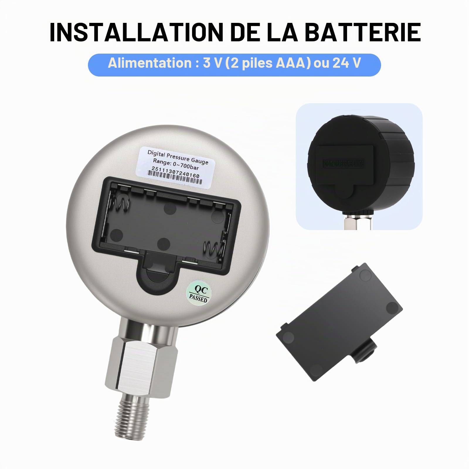 Manomètre hydraulique industriel numérique, cadran 80 mm, raccord inférieur G1/4", boîtier et raccord en acier inoxydable, 0-700 bar, précision 0,4%, alimenté par batterie, avec éclairage LED