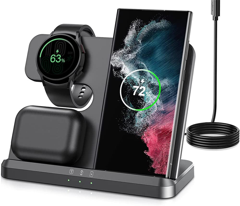 Wireless Charger for Samsung Charging Station, 3 in 1 Fast Charger Pad, Wireless Charging Station for Samsung Galaxy Watch 4/3/Active 2,Galaxy S22 S21 S20/Note 20/ Z Flip Fold 4 3, Buds/2/Pro/Live