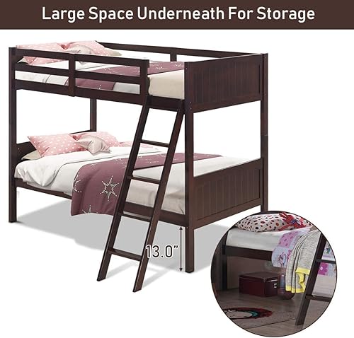 Miniatura 5 de KOMFOTT Litera de madera de tamaño individual sobre individual, marco de cama de madera maciza que ahorra espacio con escalera y barandilla de