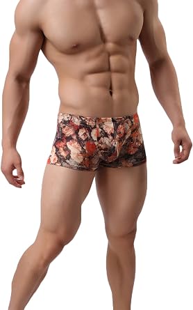 Mens Boxer Briefs Low Rise Cotton Underwear Trunk Flower Sexy Boxers