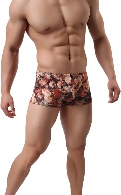Mens Boxer Briefs Low Rise Cotton Underwear Trunk Flower Sexy Boxers