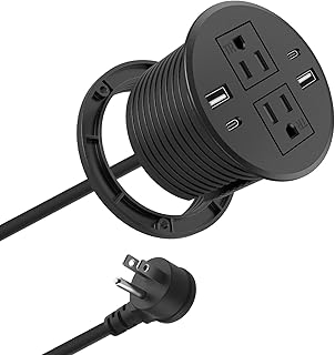 Desktop Power Grommet with USB C,Recessed Power Strip with 2 AC Outlets & 2 USB-C & 2 USB-A Charging Ports,3'' Desk Hole Grommet,with 6ft Extension Cord,Flat Plug,Table Outlets for Home, Office