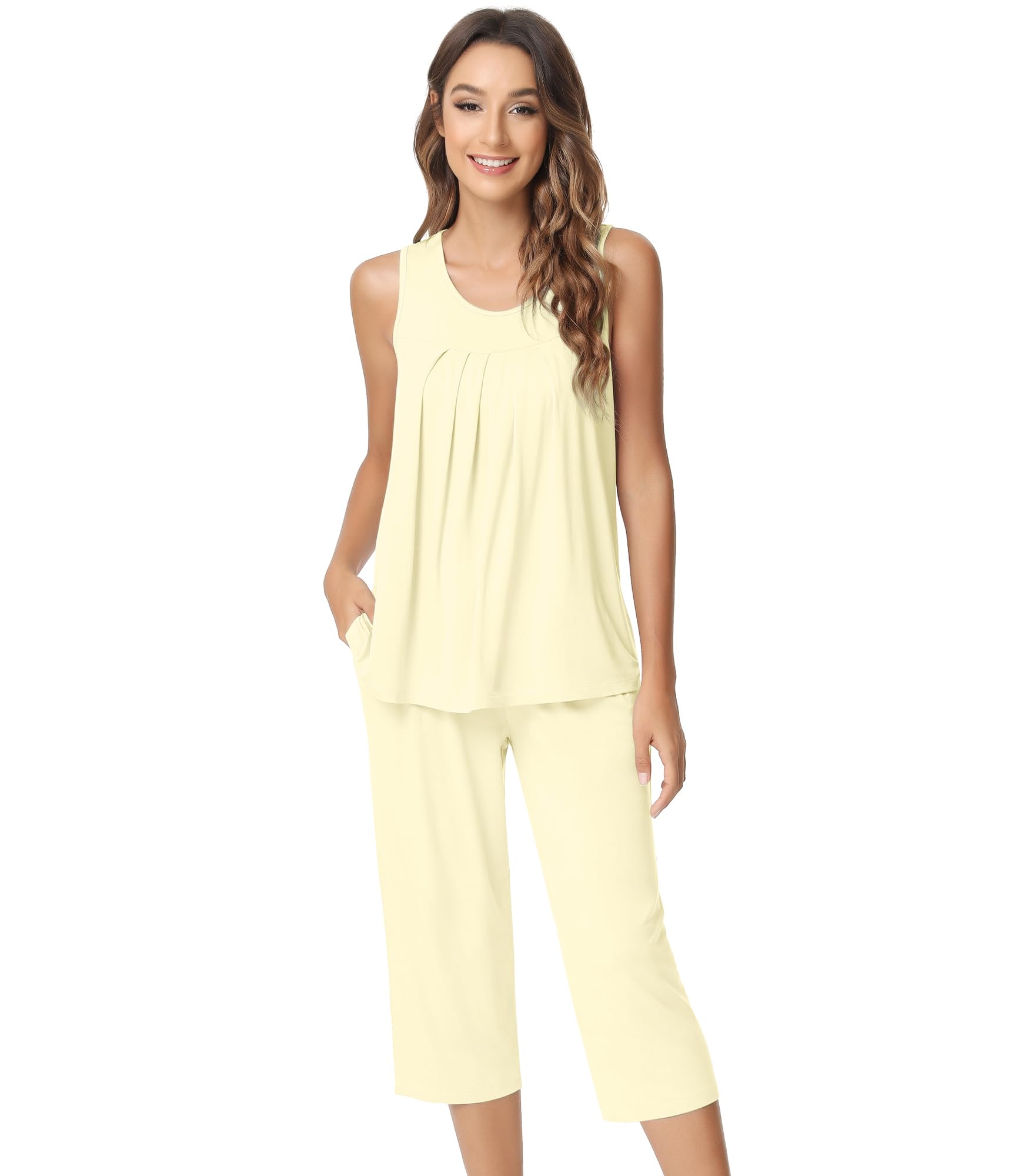 NACHILA Bamboo Viscose Cooling Pajamas for Women, Tank Top and Capri Pants | Super Soft Sleepwear, Cooling PJs for Hot Sleepers & Night Sweats, Moisture-Wicking, Tagless Design, Gentle on Sensitive Skin XX-Large Yellow