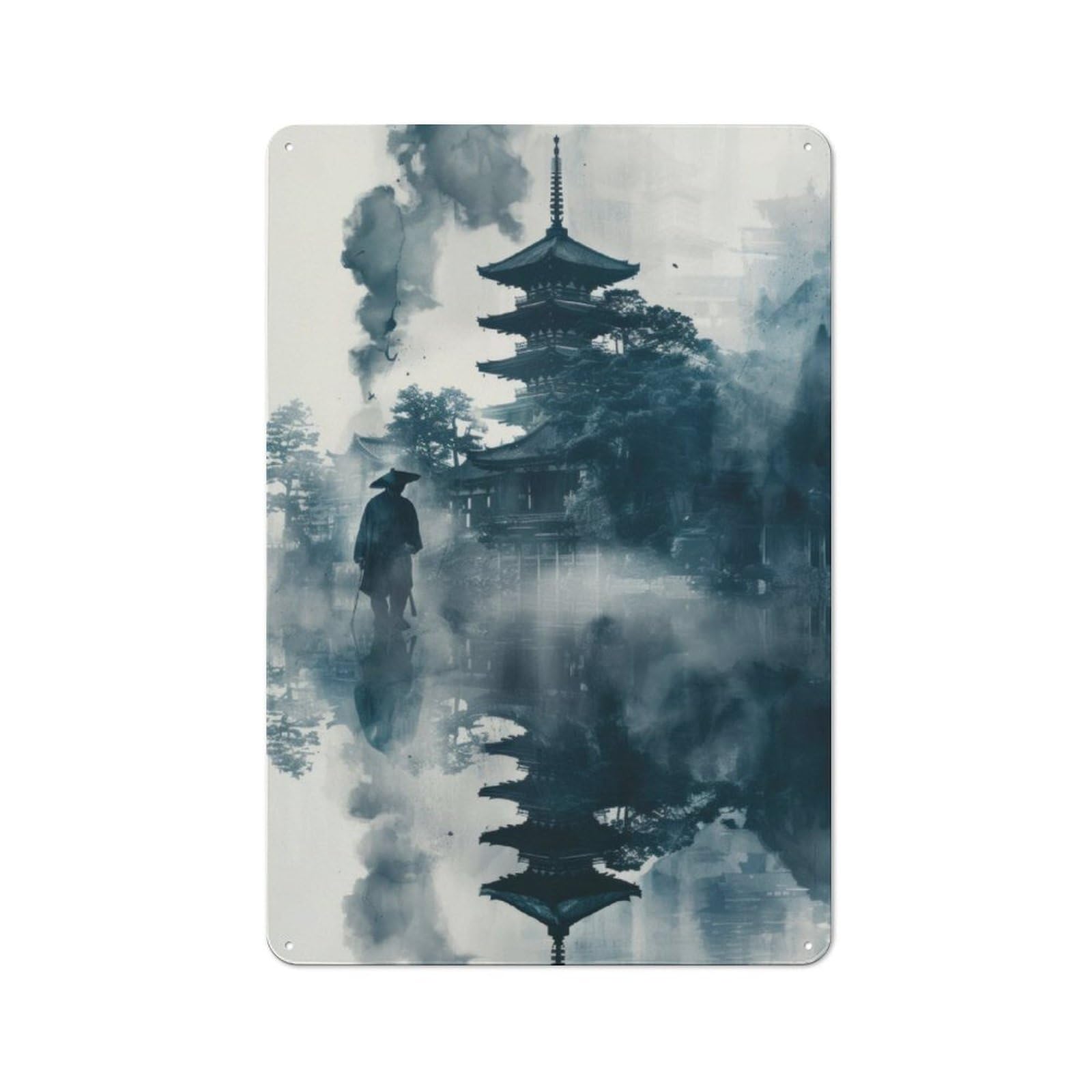 Junmoney Japanese Pagoda In Mist Vintage Tin Sign 30X20cm With For Guest Room Or Hallway, Suited To Wall Displays In Guest Rooms And Hallways