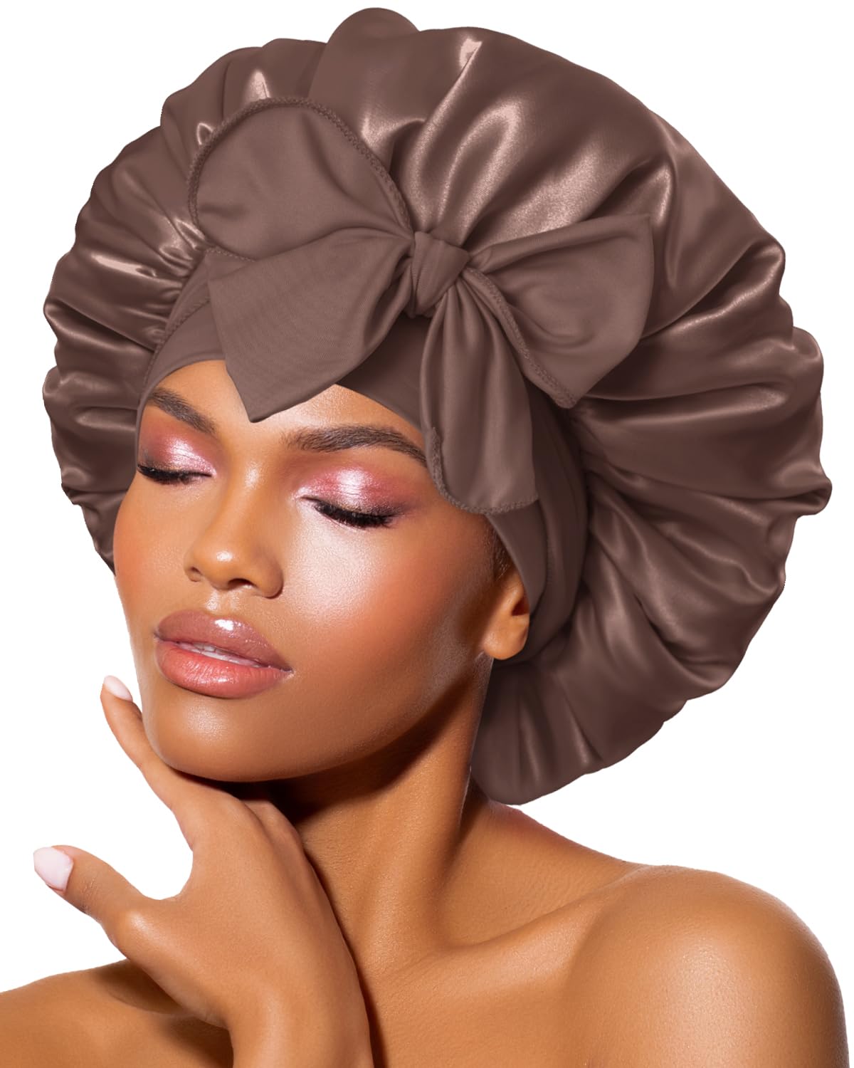 BONNET QUEEN Cuffia Seta Capelli Notte Regolabili Cuffia Capelli Ricci Bonnet con Lacci Lunghi Morbida e Protettiva Anti-Crespo, Cioccolato