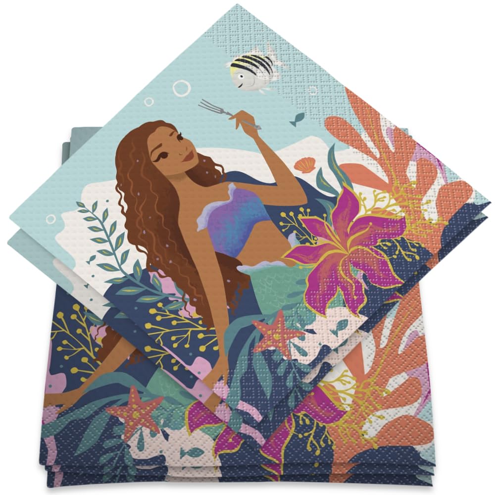 Unique Disney The Little Mermaid Multicolor Luncheon Paper Napkins (Pack Of 16) | Enchanting Design, Perfect For Kids' Parties & Themed Events, 6.5