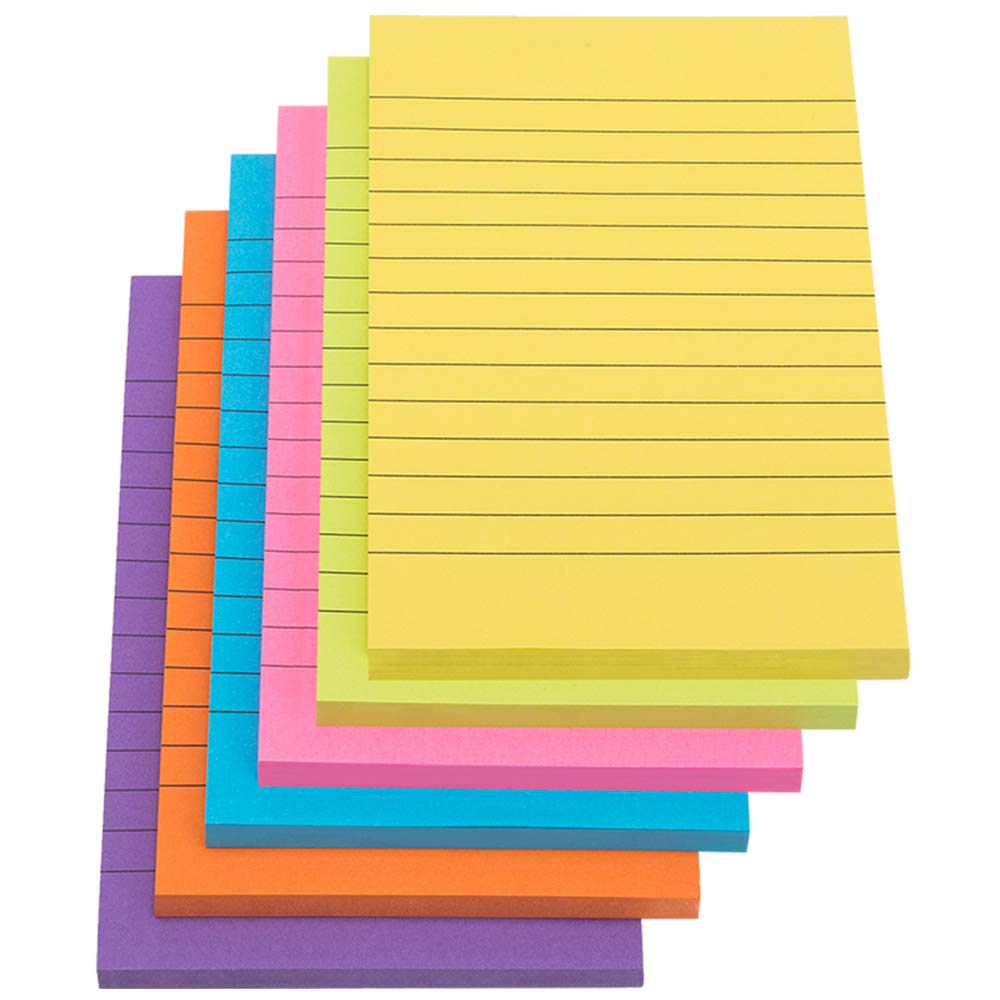 Stick Notes, 6 Pack 300 Sheet Sticky Note Pad Assorted Color Lined Self Stick Memo Pads for Office, School and Home Uses