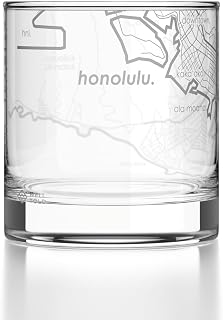 Engraved Honolulu Hawaii Map Rocks Glass, Old Fashioned Glassware (11 oz, Clear) Etched Bourbon Tumbler, Gifts For Whiskey Lovers