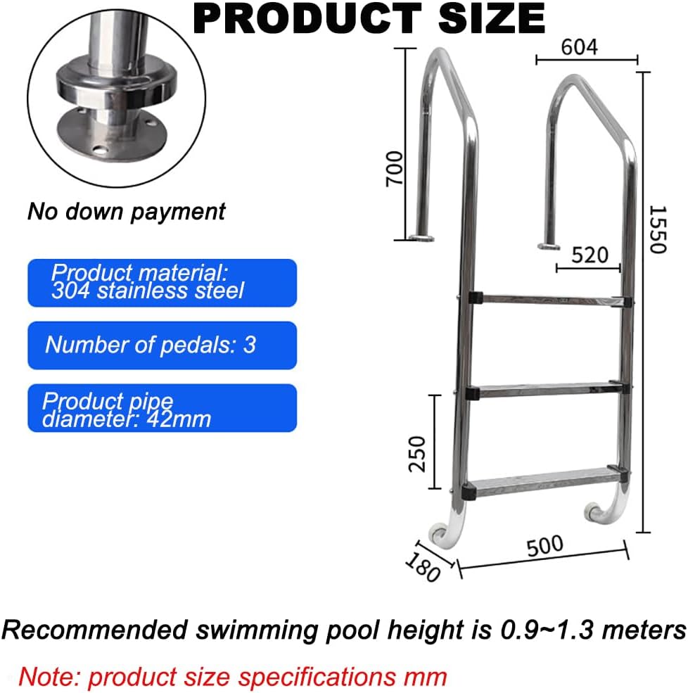 Three-Step Stainless Steel Swimming Pool Ladder, Anti-Slip Underwater Escalator, Punch-Free and Thickened Swimming Pool Ladder, Swimming Pool Climbing Ladder, Load-Bearing 500 Kg