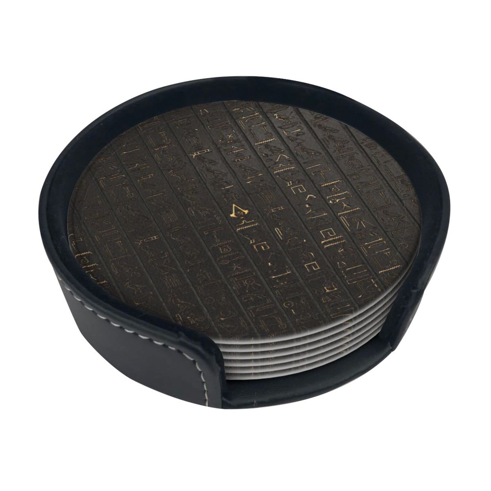 Ancient Egyptian Hieroglyph Drink Coasters Set Of 6, Leather Coaster With Holder, Suitable For Kinds Of Cups, Wooden Table, Home Decor, 3.9 Inches