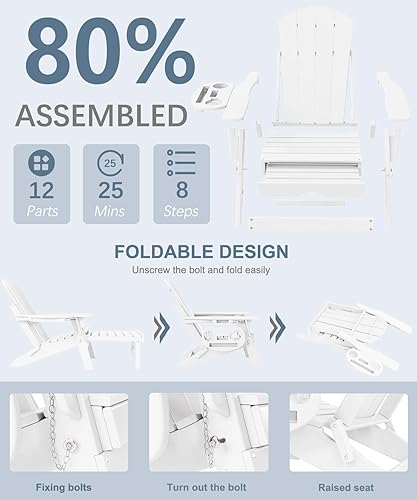 Miniatura 25 de Silla Adirondack ajustable con otomana retráctil, juego de 2, silla Adirondack plegable de polietileno de alta densidad con soporte para tazas