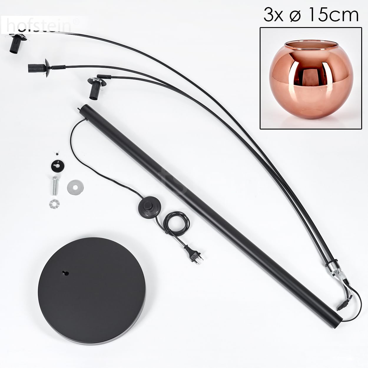 Stehleuchte Koyoto, Stehlampe aus Metall/Glas in Schwarz/Kupferfarben, Leuchte im modernen Retro/Vintage-Design mit Schirmen aus Glas (Ø 15 cm) u. Fußschalter, Höhe 210 cm, 3 x E14, ohne Leuchtmittel