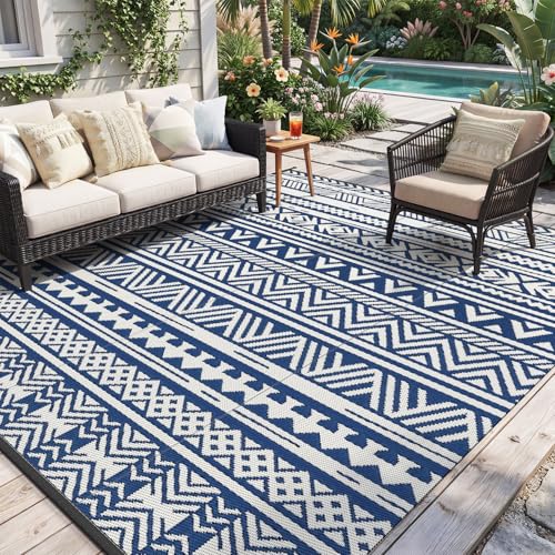 MontVoo-Outdoor Rug Carpet Waterproof 5x8 ft Reversible Patio Rug RV Camping Rug-Plastic Straw Rug Outside Indoor Outdoor Area Rug for Patio Deck Balcony Picnic Beach Outdoor Decor Boho Navy