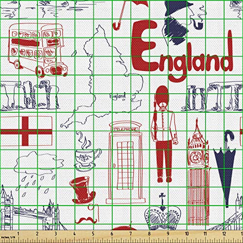 Image of Ambesonne London Fabric by The Yard, Sketch Artwork Country British Cultural Composition in Doodle Style, Decorative Fabric for Upholstery and Home Accents, 1 Yard, Vermilion Blue
