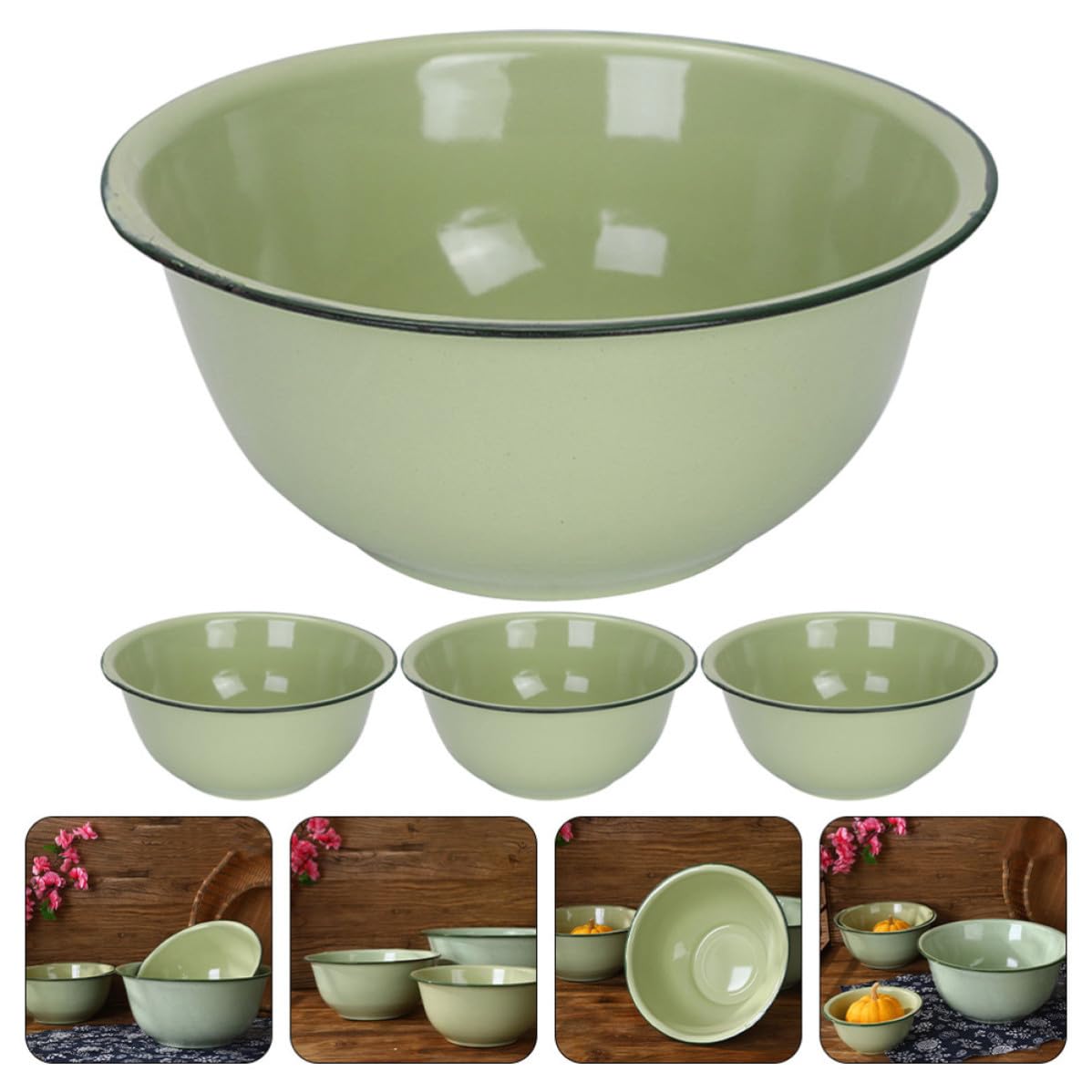 UKCOCO 4 Piezas Cuenco de Esmalte Vintage Verde Claro de Gran Capacidad