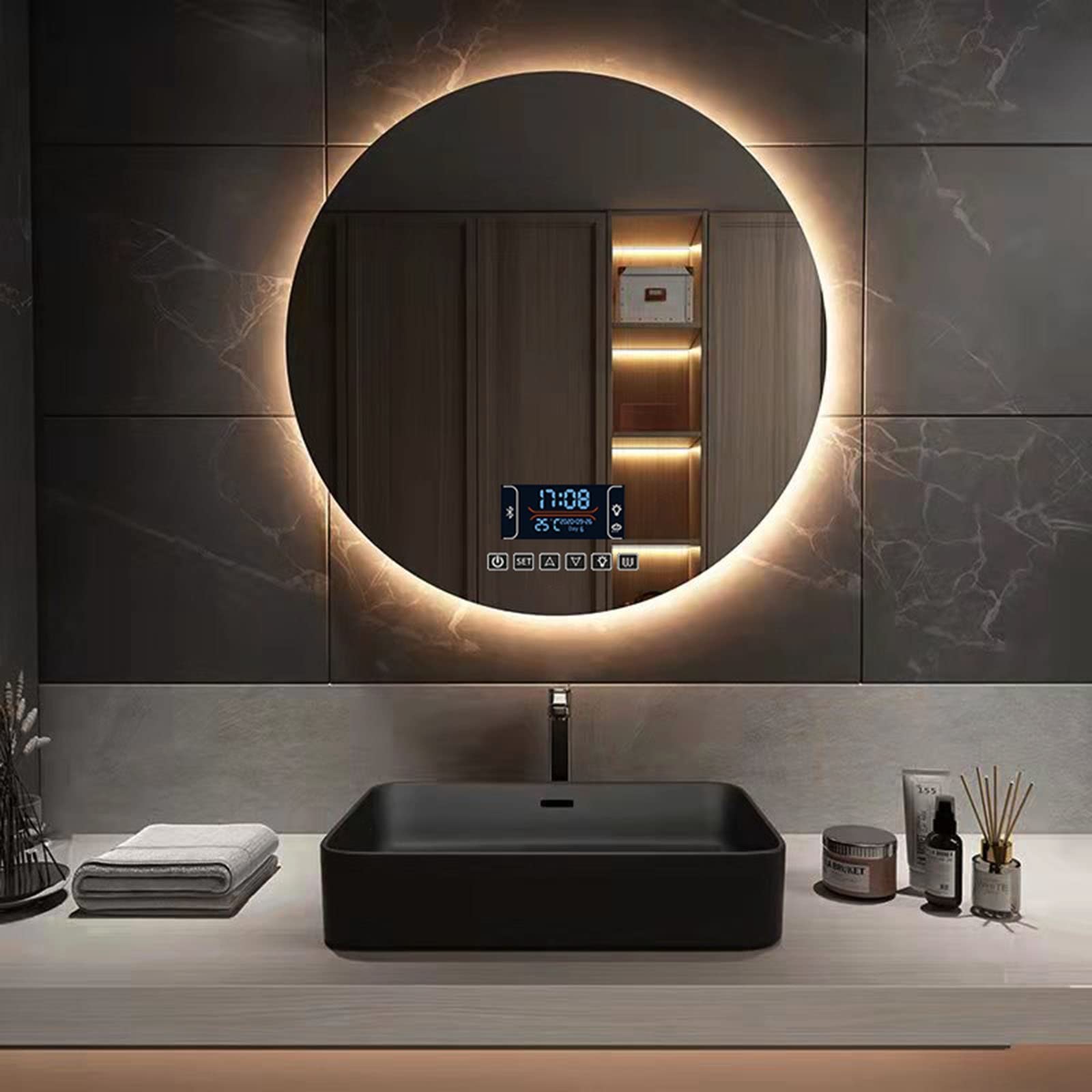 Miroir Salle Bain Rond LED 70cm Habison - Anti-buée, Bluetooth, 3 Couleurs Lumière