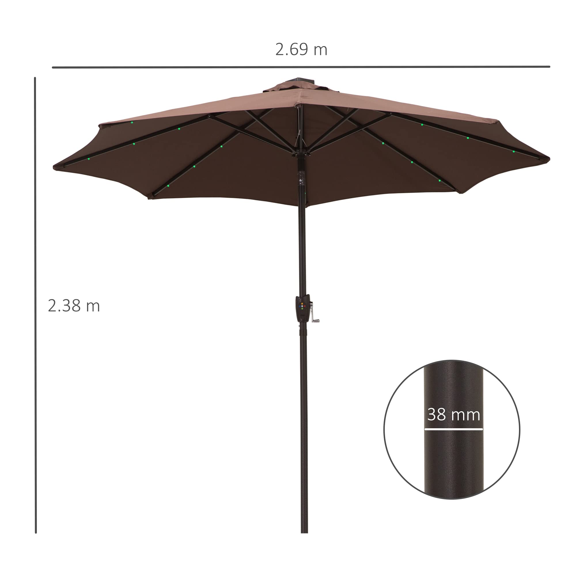 Outsunny Φ2.7m Garden 24 LED Light Parasol Solar Outdoor Tilt Sun Umbrella  Patio Club Party Event Manual Sun Shade w/Hand Crank and 8 Ribs Brown :  Amazon.co.uk: Garden