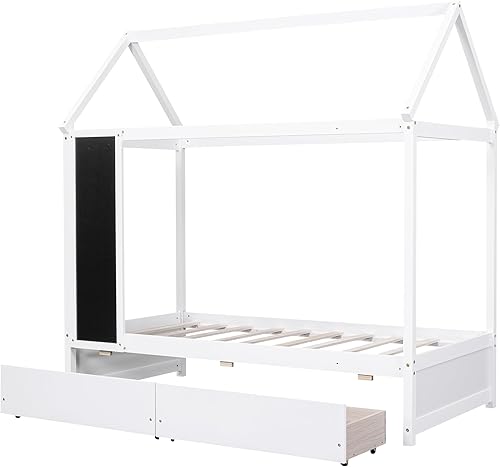 Miniatura 89 de RUNNA Marco de cama de madera de tamaño matrimonial con valla, para niños, adolescentes, niñas, niños, (Natural-Thinck 4col) Natural-Thinck