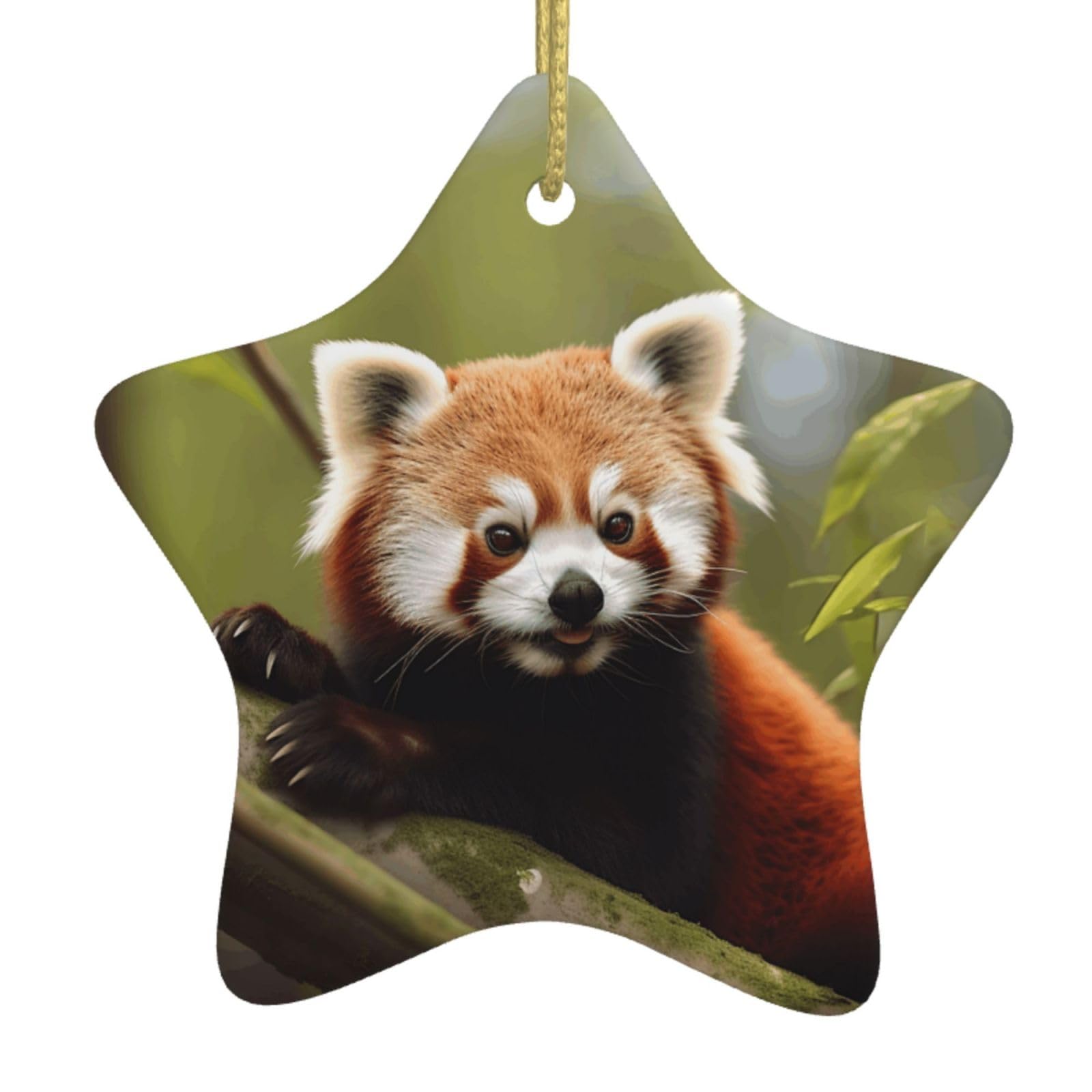 Christmas Ornaments Round Hanging Decorations Craft with Gold Rope Little Red Panda Ceramic Ornament for Xmas Tree Party Home Decor