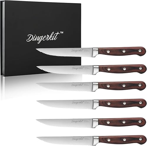 Miniatura 8 de Juego de 6 cuchillos para carne, juego de cuchillos alemanes de acero inoxidable con mango de madera de Pakkawood, cuchillos dentados profesionales