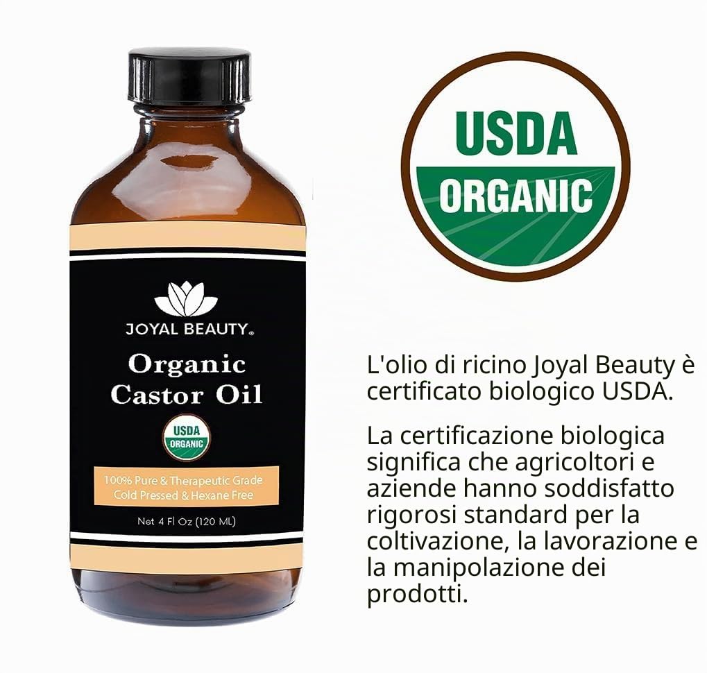 Castor Oil (4 OZ) USDA Organic 100% Pure Cold-Pressed Hexane-free Premium Quality Large Size for Hair Growth, Eyelashes, Eyebrows, Beard and Skin by Joyal Beauty. Bonus FREE Mascara Kit Included