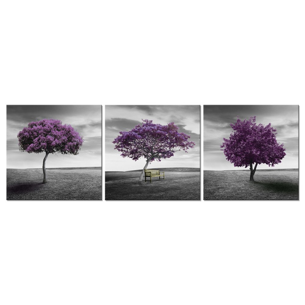 Pyradecor3 Piece Purple Trees Modern Stretched and Framed Landscape Artwork Giclee Canvas Prints Fall Forest Pictures Paintings on Canvas Wall art for Living Room Bedroom Home Office Decorations