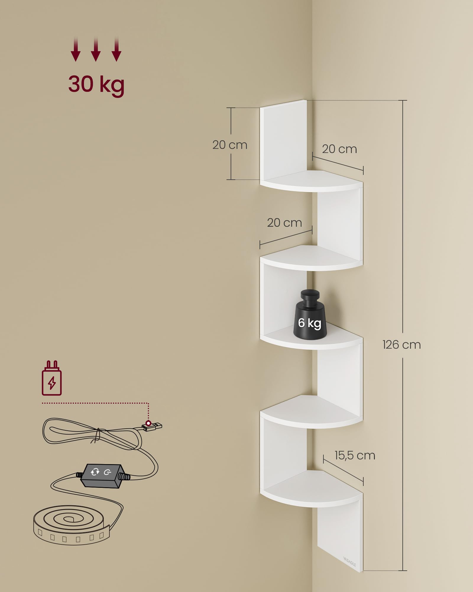 VASAGLE Custos Collection - Étagère d’Angle, Étagère Murale avec Éclairage LED, 5 Niveaux, en Zigzag, Bibliothèque, pour Chambre, Salon, Salle de Bain, avec Bouton, Télécommande, Blanc Mat LBC630W01