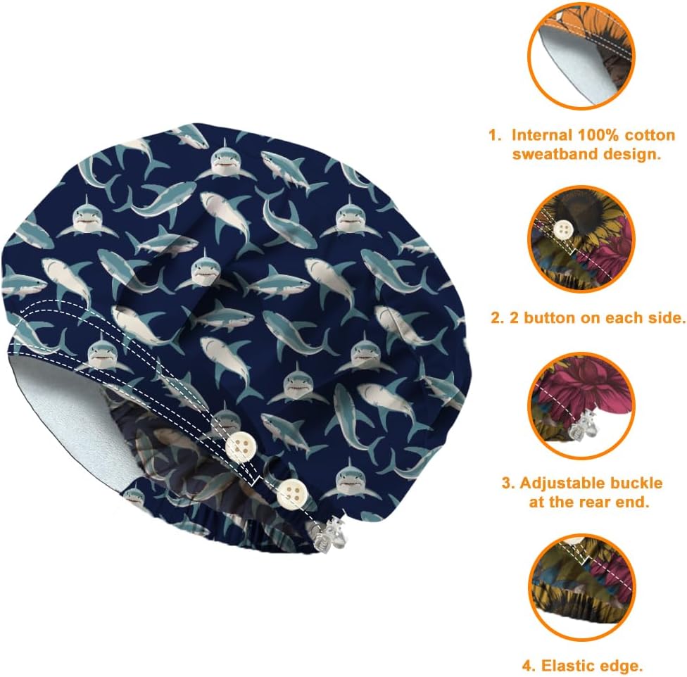 Bouffant Scrub Caps Cotton Nurse Scrub Hats with Button Sweatband Adjustable Surgical Caps for Unisex Cooking - Image 2