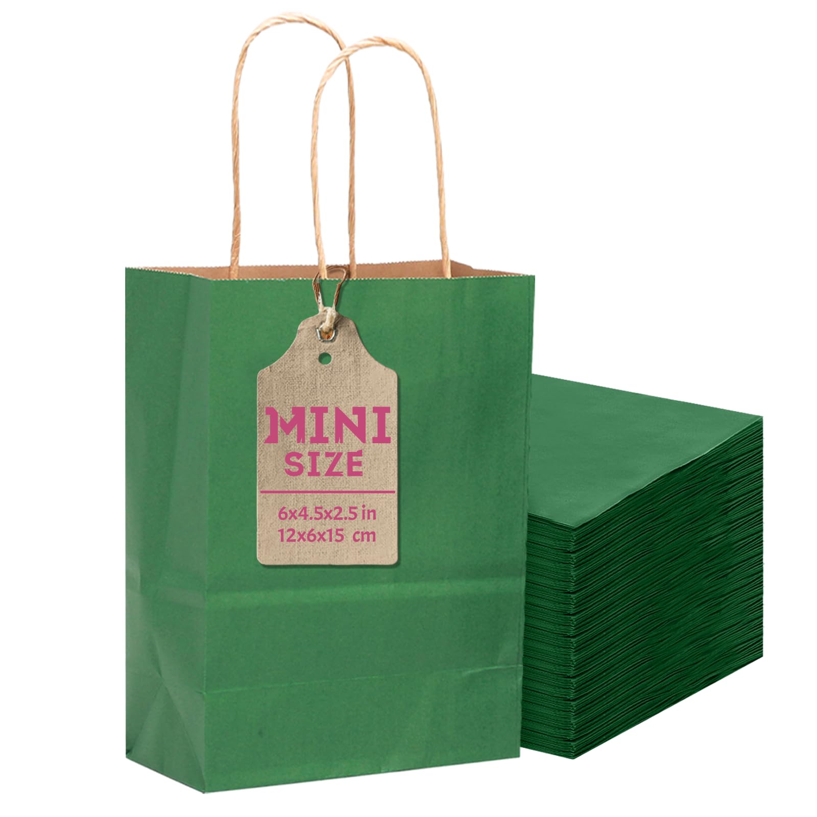 Gcardist 24 Pcs Deep Green Mini Gift Bags with Handles 6"x4.5"x2.5" Small Paper Kraft Party Treat Bags