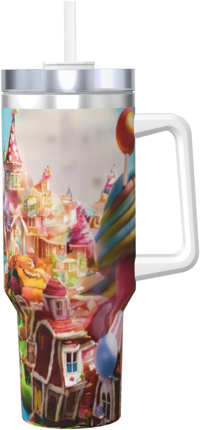 40 OZ Candy Land Print Ice Bully Cup with Handle Straw Lid Straw,Stainless Steel Tumbler Coffee Cup
