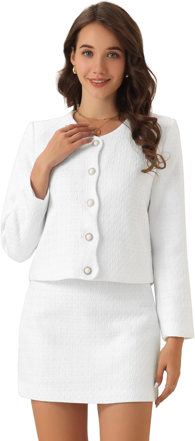 Allegra K Business Blazer Skirt for Women's 2 Piece Tweed Suit Set