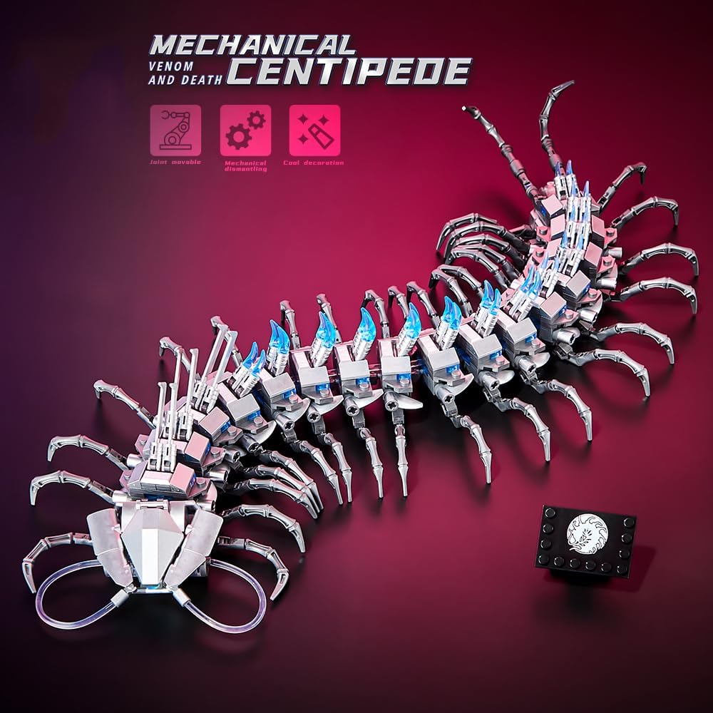 Glowing Centipede Building Set, Articulated Model with Rotating Light-Up Head & Tail, Multi-Joint Poseable Figure, STEM Construction Toy for Kids & Adults 698-Piece