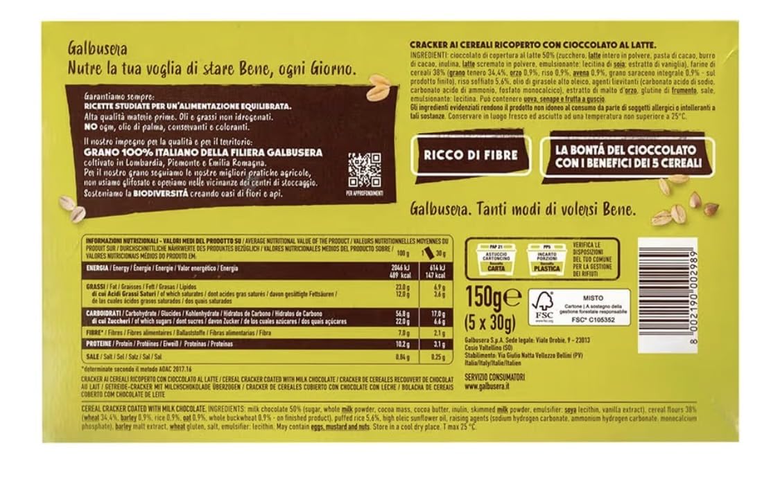 4X Cracker ai 5 Cereali Ricoperto con Riso Soffiato e Cioccolato al Latte per galbusera 150g
