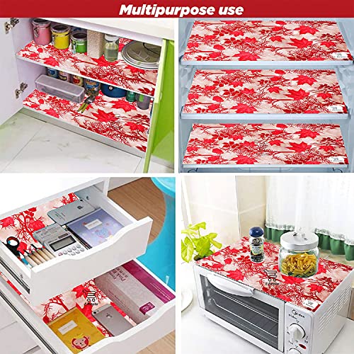 Image of Polyester 3-Layered Fridge Top Cover /Refrigerator Cover with Utility Pockets and Set of 4 Pc Fridge Mats (Color-Floral Red, Size-39x21 Inches)
