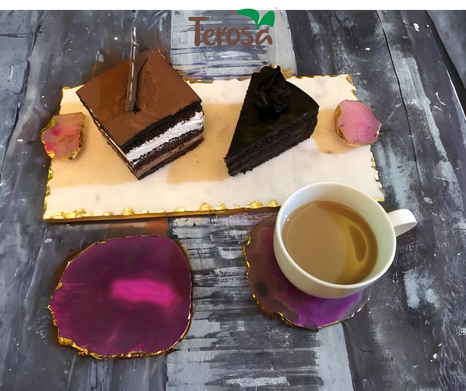 Terosa Luxe White Marble Platter Tray with two Pink Agate Coasters | Pink Trove | Standard 11.5x6in Tray & 3.5 to 4.5in Coasters 2