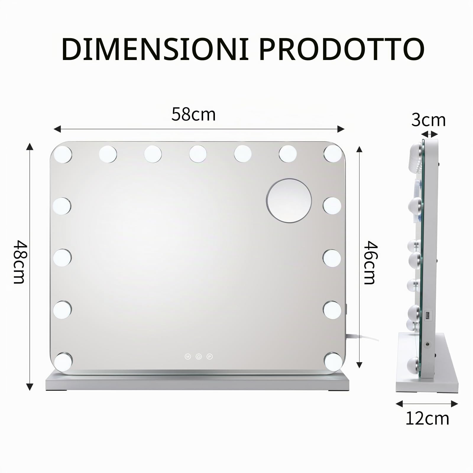 Clevich Hollywood Specchio Trucco con Luci, 58 x 46 cm Specchio con 15 Luci LED, 3 modalità Luce e controllo touch, porta USB, Specchi da parete o da tavolo (Bianco)