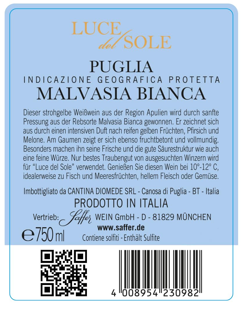 Malvasia Bianca Puglia IGT "Luce del Sole" Weißwein Apulien trocken (6 x 0.75l)
