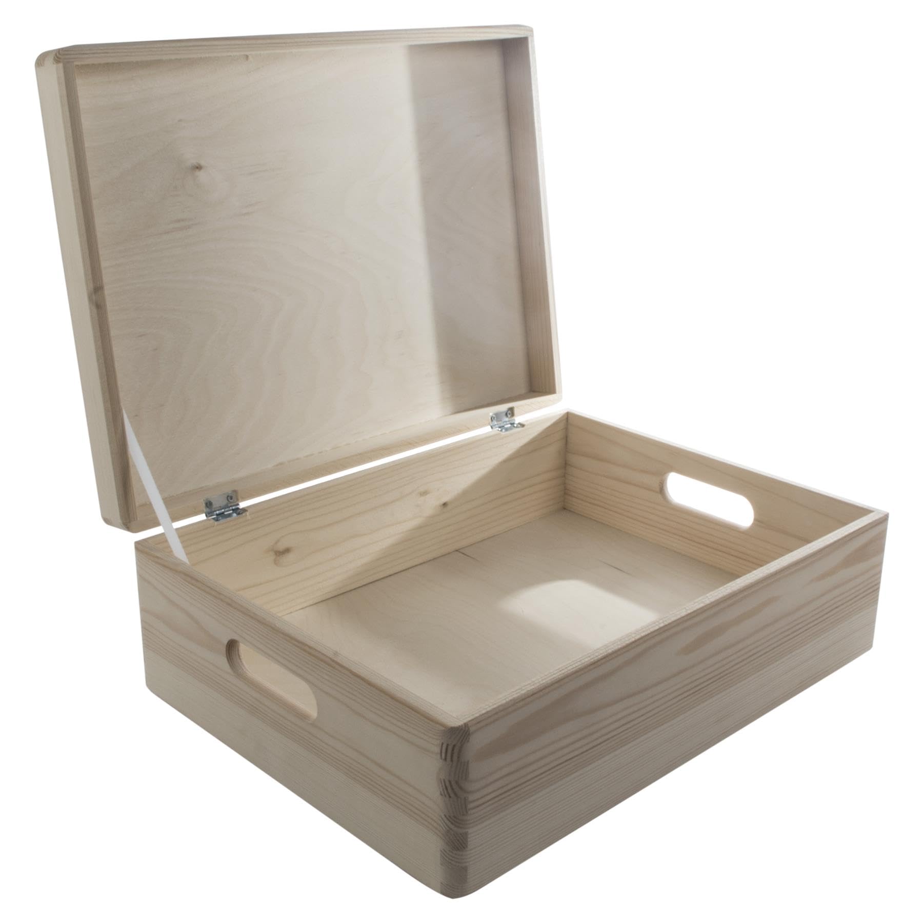 Woodeedoo Natural Large Shallow Wooden Storage Box With Hinged Lid And Cut-Out Handles – Unfinished Pine Craft Chest – Decorative Keepsake 16L Container Organiser To Paint Or Personalise – 40 X 30 X 14 Cm