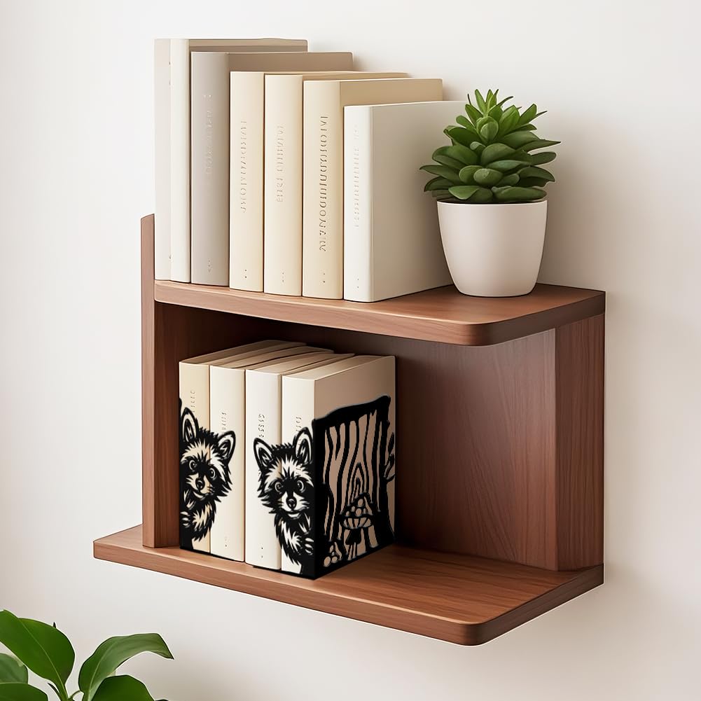 2 Stück Metall-Bücherstützen Schwarz Robuste Bücherregalhalter Dekorative Waschbären-Bücherstützen für Schreibtisch Büro, Zuhause und Bibliothek zur Aufbewahrung von kleinen schwere Büchern