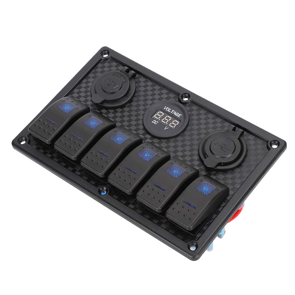 Panel przełączników kołyskowych 6-krotny wodoodporny, wstępnie okablowany z gniazdem zapalniczki 2 wyświetlacz woltomierza USB 12 V 24 V do samochodu ciężarówka łódź RV czarny ABS
