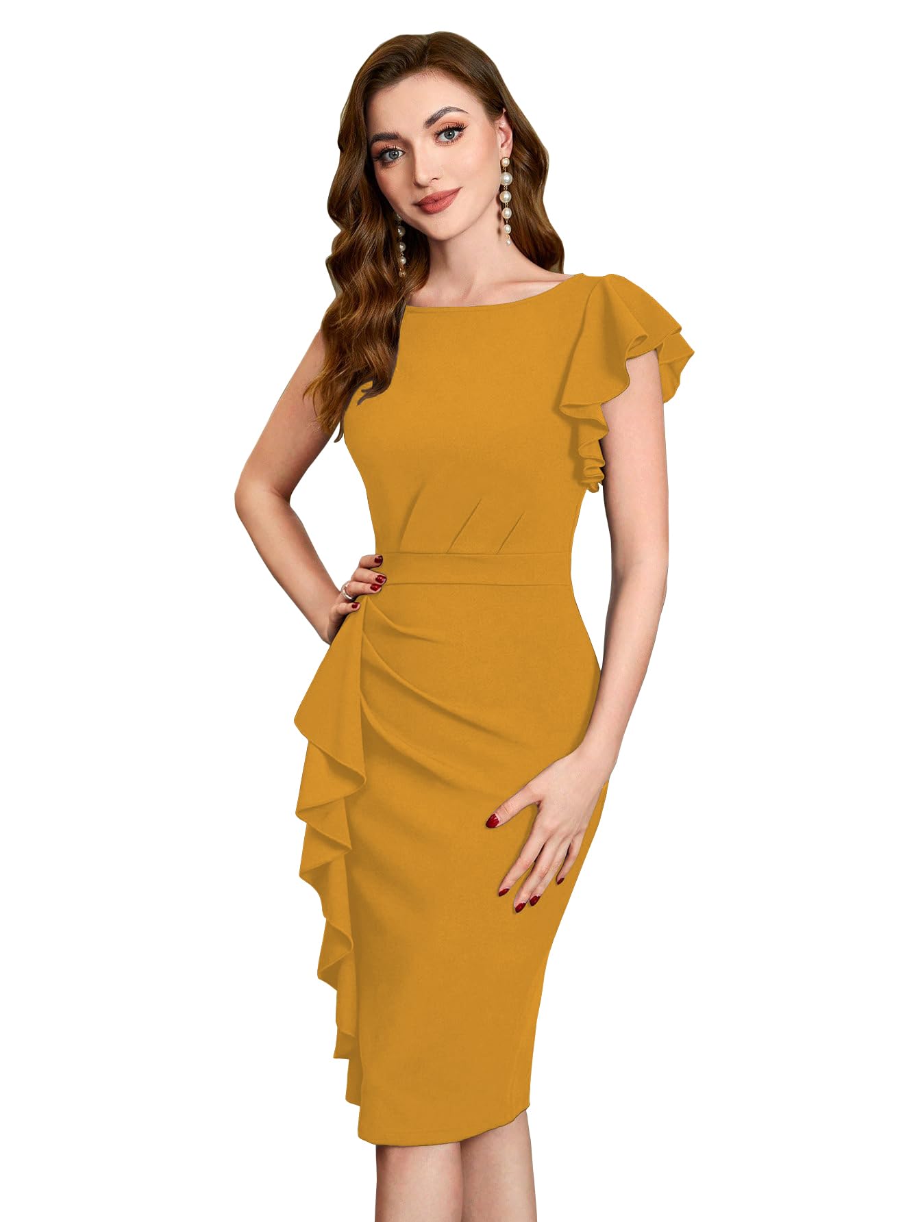 Shasmi Girl's & Women's Asymmetrical Sleeve Ruffle Trim Cocktail Party Fitted One Piece Knee Length Midi Dress For Women Stylish Dresses (Midi 169 Mustard-L)