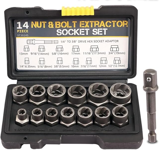 3/8 Drive Impact Bolt Nut Extractor Set, 13 Pcs Lug Nut Remover Kit 1/4-3/4 Twist Socket Tool Set with a 1/4 Hex Drive to 3/8 Socket Adapter
