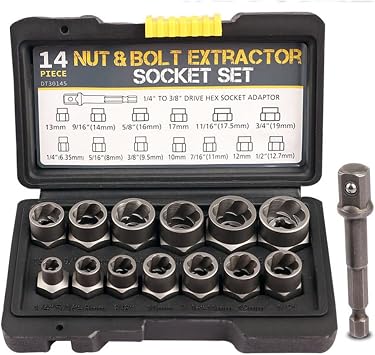 3/8'' Drive Impact Bolt Nut Extractor Set, 13 Pcs Lug Nut Remover Kit 1/4''-3/4'' Twist Socket Tool Set with a 1/4'' Hex Drive to 3/8'' Socket Adapter LY-1111