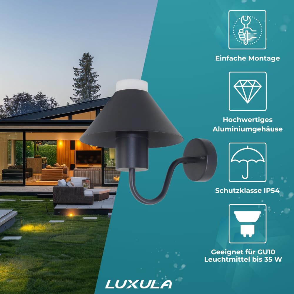 LUXULA 4er Set Wandleuchte mit Schirm, GU10 Fassung, Innen/Aussen, Aluminium - LED Außenleuchte IP54 Wandlampe Wegbeleuchtung Garten Terrasse Hauseingang