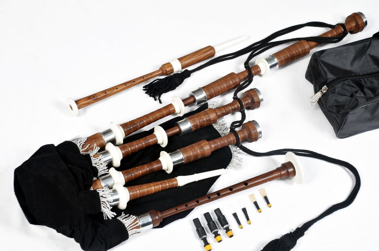 Great Highland Dudelsack aus natürlichem Cocobolo-Holz mit elfenbeinfarbenen und nickelsilberfarbenen Halterungen und schwarzer Abdeckschnur für Schüler, komplettes Starter-Set mit