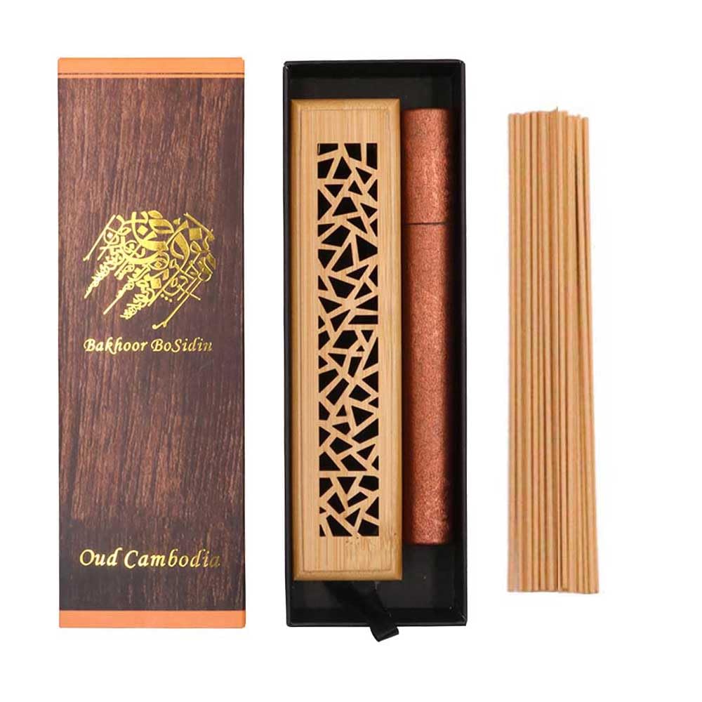 Bakhoor BoSidin - 20 Pcs Oud Cambodian Bakhoor Incense Sticks 10.5 cm length with Wooden Fireproof Incense Burner - A49