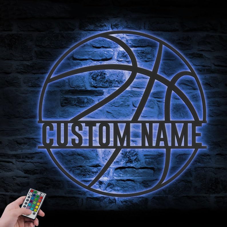 Custom Basketball Metal Wall Art LED Light, Personalized Player L...