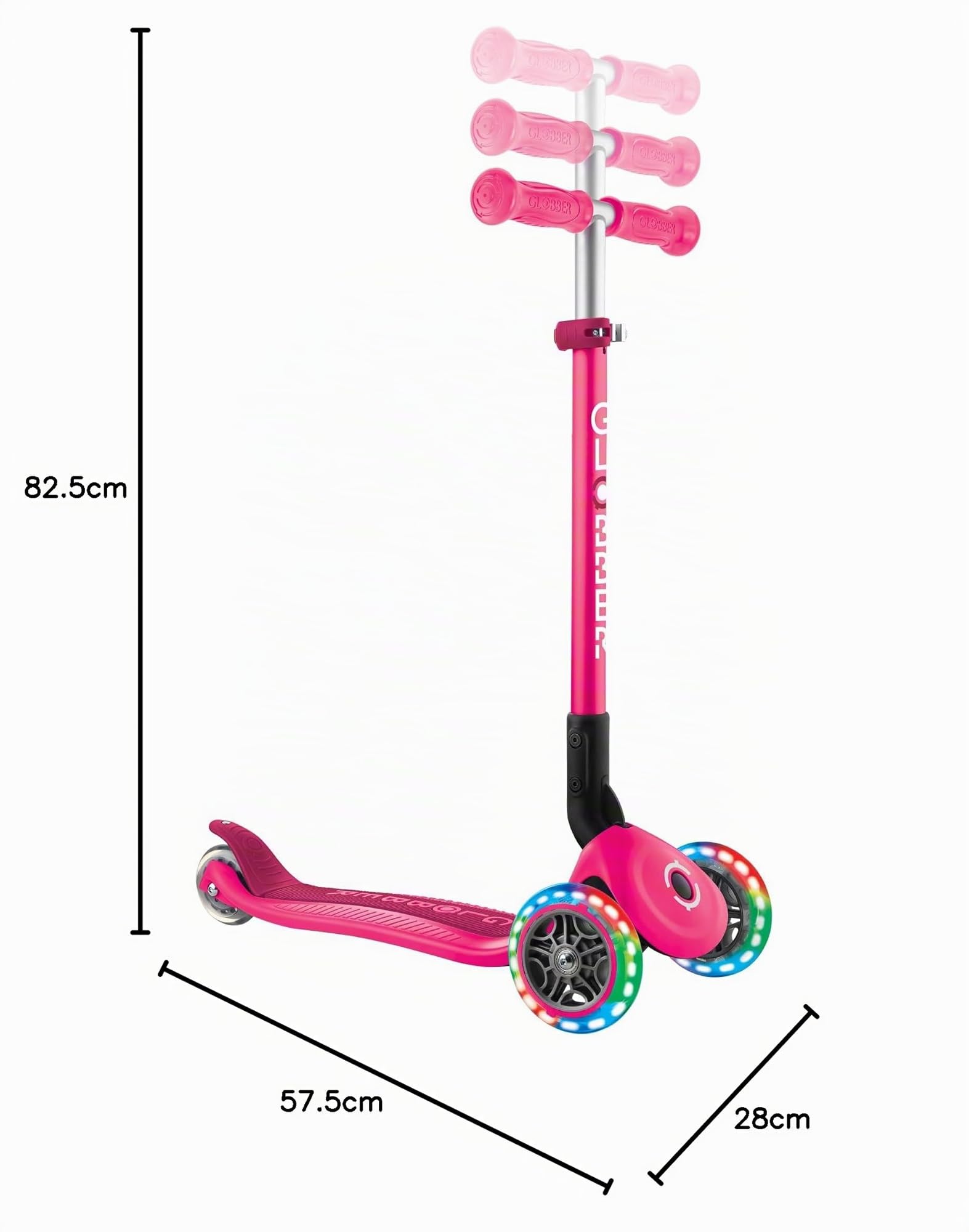 GLOBBER Primo Foldable Lights - Monopattino per bambini, 120/80 mm, ABEC 5, 3 ruote, regolabile in altezza, ruote LED