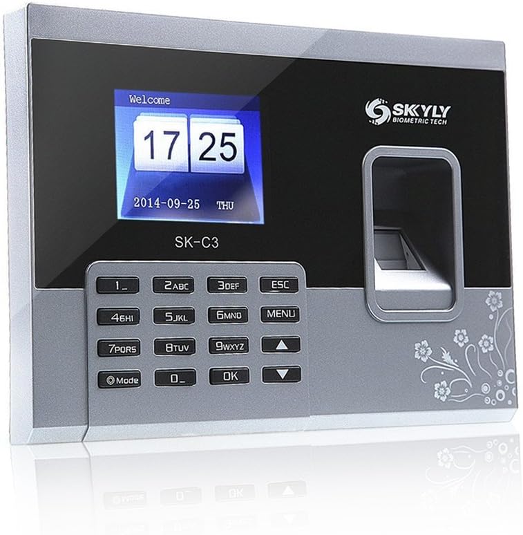 Skyly SK-C3 HD 3-Inch TFT,Biometric Fingerprint Time Pin Attendance Recorder,Time Clock (Support USB Drive to Download Data+ USB Drive Export Attendance Report Without Software+ Record Capacity:150000+Fingerprint Capacity:600)